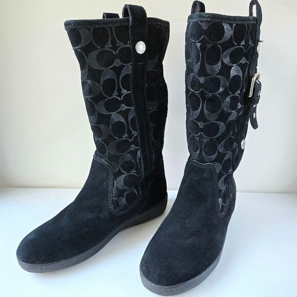 Coach Tullip Signature Print Suede Black Leather Fleece Winter Boots Womens 7 B - Picture 1 of 16
